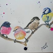 Four birds on a branch!. Projekt z dziedziny Malowanie akwarelą użytkownika Danielle Hudon - 18.12.2020
