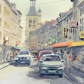 My project in Urban Landscapes in Watercolor course, street of Bernay in France, Normandy. Un proyecto de Dibujo, Bocetado y Pintura a la acuarela de François Rochat - 22.12.2020