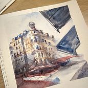 My project in Architectural Sketching with Watercolor and Ink course. Un proyecto de Pintura a la acuarela de elena_tsebenko - 03.01.2021