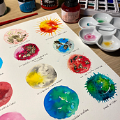 Watercolor planets. Traditional illustration, and Watercolor Painting project by Ksenya Savva - 02.11.2021