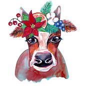 Christmas Cow 2021. Mixed media technique.. Traditional illustration project by Svetlana Zritneva - 02.21.2021