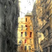 Callejón en Barcelona. Un proyecto de Arquitectura, Arte urbano y Pintura a la acuarela de Adolfo Montilva Daboín - 20.06.2020