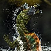 Spinosaurus Catching a Mawsonia. Un progetto di Illustrazione digitale di Alberto Fuentes - 20.08.2020