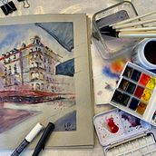 My copy along --- Architectural Sketching with Watercolor and Ink course. Watercolor Painting project by Iris Chen - 03.07.2021