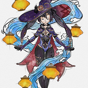 Fanart Mona - Sea of Lanterns (Concurso criativo do Genshin Impact). Concept Art, Creativit, Drawing, Traditional illustration, and Digital Illustration project by Ana Beatriz Ferreira de Arruda - 02.18.2021