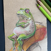 Rana con lápices de colores. Naturalistic Illustration project by Maribel González Sigurjóns - 03.12.2021