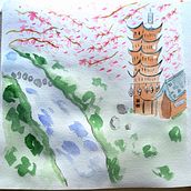 Mi Proyecto del curso: Ilustración en acuarela con influencia japonesa - Cerezo, torre y río. Fine Arts project by isabelperezperez - 03.19.2021