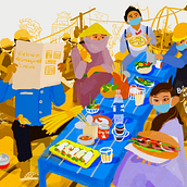 A corner of Vietnamese street is full of people eating Vietnam traditional foods. Een project van Traditionele illustratie van Amy Phan - 02.04.2021