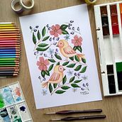 Flores e pássaros . Ilustração botânica projeto de Rafaela Mauro - 18.04.2021