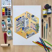 Artist in a Supply Store. Children's Illustration, Digital Illustration, Traditional illustration, Printing, and Screen Printing project by Isabelle Lin - 04.18.2021