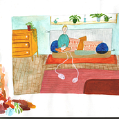 Knitting on my cushion "couch" . Sketchbook project by Julie Amos - 04.20.2021