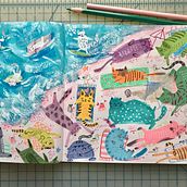 Cats on Beach-Pictorial Sketchbook with Gouache. Traditional illustration, Sketching, Drawing, Architectural Illustration, Sketchbook, and Gouache Painting project by Min Lee - 06.11.2021