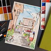 Cafe in a quiet and beautiful alley in Japan. Projekt z dziedziny Trad, c, jna ilustracja,  Malarstwo i Malowanie akwarelą użytkownika YJ - 21.06.2021