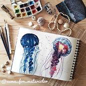 JELLYFISH. Een project van Aquarelschilderen,  Beeldende kunst, Schilderij,  Schetsen y  Tekening van BENNI ASMA - 03.08.2021