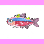 Pescadito cósmico. Mi Proyecto del curso: Introducción a la ilustración de personajes con gouache y tinta china. Un progetto di Illustrazione tradizionale, Character design, Illustrazione con inchiostro e Pittura gouache di Gabriela Moreno - 19.08.2021