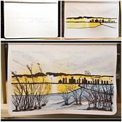 Winter Sunset Watercolor on Paper 3.5 x 5.5 in sjrsaracin  23 Oct 2021. Traditional illustration, Watercolor Painting, Architectural Illustration, and Sketchbook project by Shelley Saracin - 10.23.2021