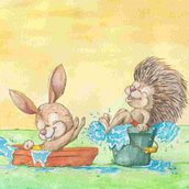 Bunny and Hedgehog (My project in Animal Characters in Watercolor for Children’s Books course). Traditional illustration, Fine Arts, Painting, Drawing, Watercolor Painting, Children's Illustration, and Narrative project by latruwe_h - 10.30.2021