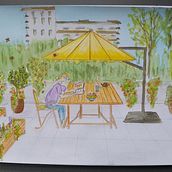 My project in Exploratory Sketchbook: Find Your Drawing Style course. Self portrait on patio.. Esboçado, Criatividade, Desenho, Pintura em aquarela, Sketchbook, Pintura guache e Ilustração tradicional projeto de Natalia Cheinman - 03.12.2021