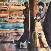 Porters at noon rest on the side of Dubai Creek. Watercolor Painting project by Ayesha Al Budoor - 12.26.2021