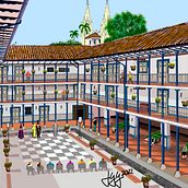 Casa de la Cultura, Marsella, Risaralda, Colombia. Paisaje Cultural Cafetero Colombiano PCCC. Un proyecto de Ilustración tradicional, Paisajismo, Arquitectura e Ilustración digital de Juan Guillermo Gil Garcia - 06.01.2022