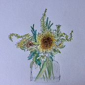 Watercolour and ink sunflower bouquet  . Pictură în acuarelă de sewingnikki - 01.21.2022
