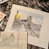 My project in Architectural Sketching with Watercolor and Ink course. Sketching, Drawing, Watercolor Painting, Architectural Illustration, Sketchbook & Ink Illustration project by Marika Hietala - 01.21.2022