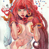 Red Monika from Battle Chaser (Original by Joe Madureira). Traditional illustration, Drawing, Watercolor Painting, and Manga project by Emanuele Giuliani - 02.02.2022