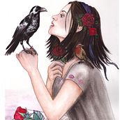 Chica con cuervo. Traditional illustration, Fine Arts, Painting, Drawing, Watercolor Painting, Portrait Drawing, and Artistic Drawing project by Estrella Rubilar - 02.24.2022
