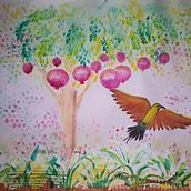My project for course: Illustrating Nature: A Creative Exploration: Rainbow bee-eater and pomegranate study . Projekt z dziedziny Trad, c, jna ilustracja,  Malarstwo,  R, sunek, Malowanie akwarelą,  R, sunek atramentem, Ilustracja naturalist i czna użytkownika Andrea Lim - 26.02.2022