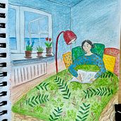 Self portrait with books and sea. Traditional illustration, Sketching, Creativit, Drawing, Watercolor Painting, Sketchbook, and Gouache Painting project by zia_gouel - 03.20.2022