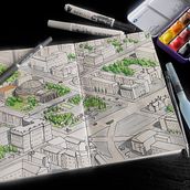 "Central Square" - My project for course: The Art of Sketching. Traditional illustration, Pencil Drawing, Drawing, Sketchbook, Watercolor Painting, and Sketching project by Timofei - 02.10.2022