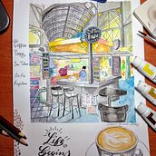 Café del mercado. Traditional illustration, Watercolor Painting, Architectural Illustration, and Sketchbook project by marianaolivera83 - 05.28.2022
