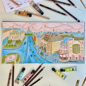 A view of Lubyanka Square from top of the Central Children’s store in Moscow.. Traditional illustration, Sketching, Drawing, Architectural Illustration, Sketchbook, and Gouache Painting project by Valentina - 07.11.2022