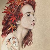 woman in Japanese red maple tree. Projekt z dziedziny Trad, c, jna ilustracja,  Sztuki piękne, R, sunek ołówkiem,  R, sunek, Portret, R, sunek realist, czn,  R, sunek art, st i czn użytkownika arteimmagine25 - 10.07.2022