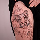 Leopard face thigh piece. Desenho de tatuagens projeto de Gee Hawkes - 23.08.2022