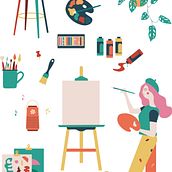 Painting studio stationary. Un proyecto de Ilustración tradicional, Diseño gráfico, Packaging, Ilustración vectorial, Ilustración digital y Diseño de papelería				 de Marwa Hayat - 12.10.2022