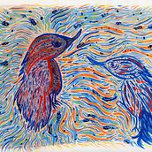 When birds meet. Un proyecto de Ilustración tradicional, Diseño de personajes, Bellas Artes, Pintura, Creatividad, Dibujo, Dibujo artístico, Ilustración infantil, Pintura acrílica, Ilustración editorial e Ilustración naturalista				 de Sandra Cartellone - 14.10.2022