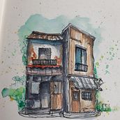 Mon projet du cours : Esquisses d'architecture expressives aux feutres de couleur. Projekt z dziedziny Sketching,  R, sunek,  R, sunek architektoniczn, Sketchbook,  R i sunek atramentem użytkownika Mireille Rivet Lauriol - 27.10.2022