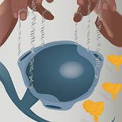 Injuries (represented by human hands) play satellite glial cells as puppets, which strings are genes. Un progetto di Illustrazione tradizionale di Alana Pinheiro - 01.07.2022