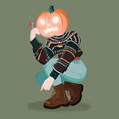 Pumpkin Head Girl. Projekt z dziedziny Trad, c, jna ilustracja, Projektowanie postaci,  R, sunek, Ilustracja c, frowa, Concept art, Malarstwo c i frowe użytkownika Emma Gaskell - 29.10.2022
