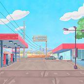 Cenário - Animação - Posto de Gasolina. Traditional illustration, Animation, 2D Animation, Set Design, and Digital Painting project by Daniel Fernandes - 12.05.2022