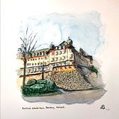 Kardinal Schulte Haus in Bensberg, NRW, Deutschland, von der Westseite aus gesehen. Un progetto di Bozzetti, Disegno, Pittura ad acquerello, Illustrazione architettonica, Sketchbook e Illustrazione con inchiostro di Eva Unrast - 02.01.2023