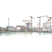Construction du Grand Paris - Encre et aquarelle - 2021. Traditional illustration, Architectural Illustration, Street Art, and Watercolor Painting project by Domi B - 02.03.2023