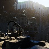 Castle in a cave. 3D Modeling, Graphic Design, 3D, Design, L, scape Architecture, Concept Art, Digital Architecture, 3D Design, and Architectural Illustration project by Domingo Nieva - 02.04.2023