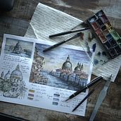 Atardecer en Venecia. Acuarela y vídeo.. Traditional illustration, and Video project by Marcos Díaz - 02.08.2023