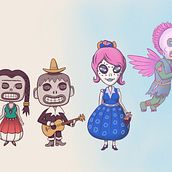 Illustrated Characters Factory project Dia de los Muertos. Traditional illustration, Character Design, Digital Illustration, Children's Illustration, and Narrative project by Dustin Johnson - 02.25.2023