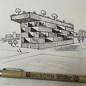 Architectural Sketching: A building with a green roof. Architecture, Sketching, Drawing, Architectural Illustration, Sketchbook, and Spatial Design project by Yaron Cohen - 03.02.2023