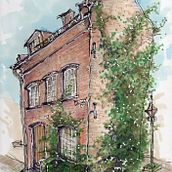 Brick house from 1860 in Damstredet, Oslo. Norway. Traditional illustration project by Anja Fauske - 03.12.2023