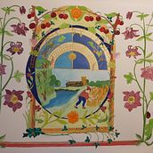 Medieval manuscript inspirations: 1 view of church through trees. Painting project by Caroline Mann - 01.23.2020