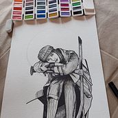 Il mio progetto del corso: Illustrazione con tecniche manuali di tratteggio e dripping. Un proyecto de Diseño de personajes, Bellas Artes, Pintura, Pintura a la acuarela, Dibujo de Retrato y Dibujo artístico de Mariagrazia Fedele - 21.03.2023